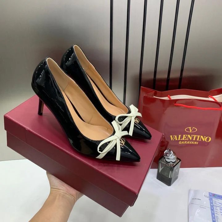 HOME | KOSMICKS | ONLINE BRAND STORE | 2026 50 Valentino Pump Heel Elegant Womens Black Patent Leather With White Knot With OG Box & Carry Bag 933 V9 Black