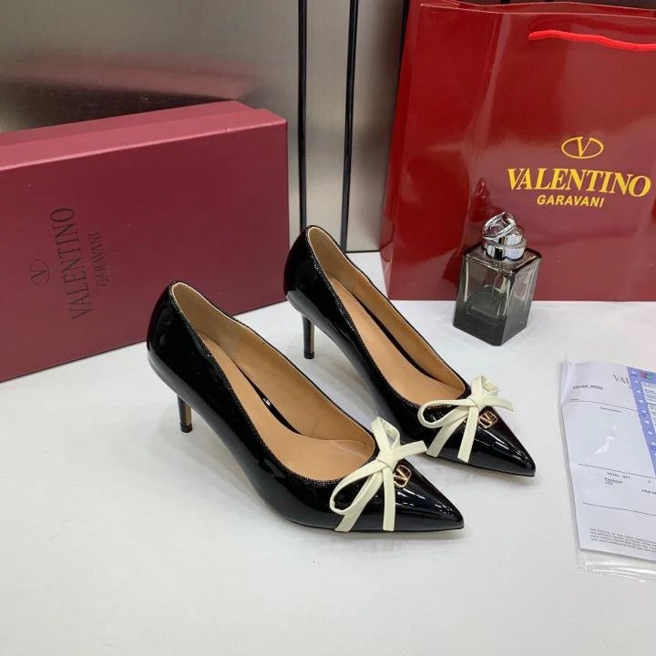 HOME | KOSMICKS | ONLINE BRAND STORE | 2026 51 Valentino Pump Heel Elegant Womens Black Patent Leather With White Knot With OG Box & Carry Bag 933 V9 Black